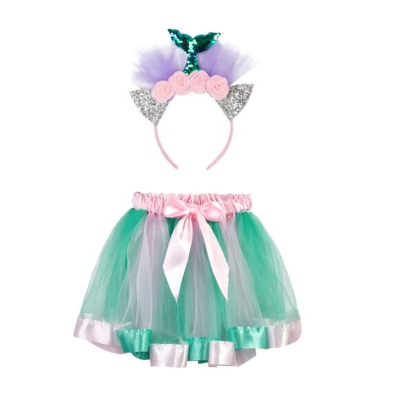 Mermaid Costume 5-8 Yrs Pink & Teal Tutu with Mermaid Tail Sequin Headband - Picture 4 of 4
